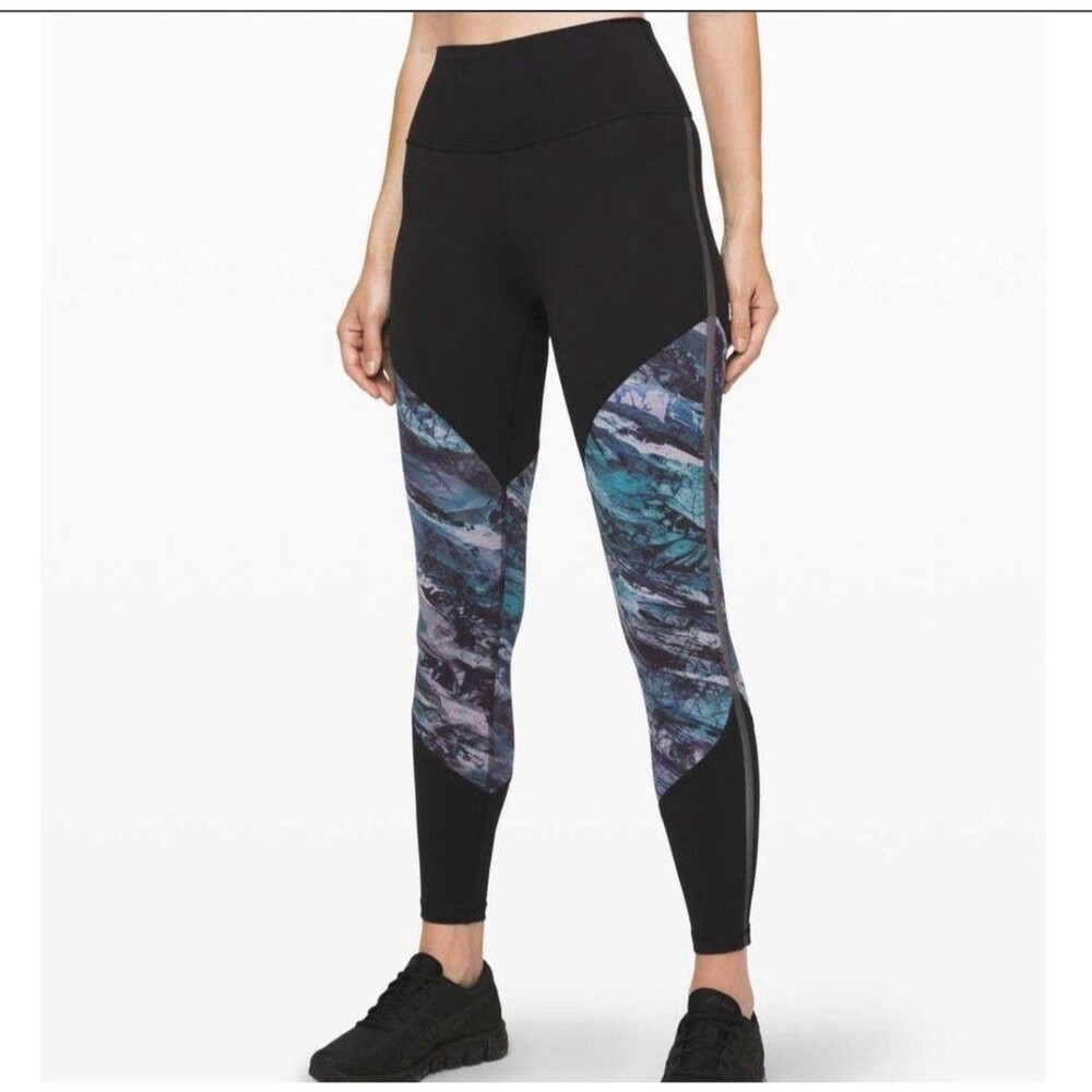 Lululemon Run To Reset Women's Ankle Leggings 8 Black Blue Gray Print Zip Pocket